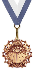 Bowling Medal - Stars Rising - 2 1/4" - Gold, Silver, and Bronze