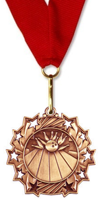 Bowling Medal - Stars Rising - 2 1/4" - Gold, Silver, and Bronze